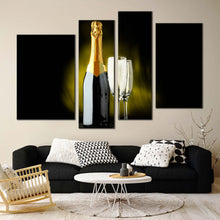 Load image into Gallery viewer, champagne glasses canvas print black champagne drink bottle 4 piece canvas wall art yellow alcohol glasses multi canvas artwork In Living room
