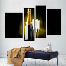 Load image into Gallery viewer, champagne glasses canvas print black champagne drink bottle 4 piece canvas wall art yellow alcohol glasses multi canvas artwork For Living Room
