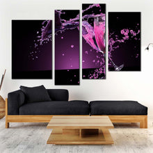 Load image into Gallery viewer, champagne glasses canvas print champagne celebrate canvas set purple red champagne splash 4 piece canvas wall art In Your Living Room
