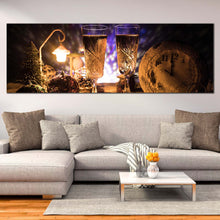 Load image into Gallery viewer, champagne  glasses  canvas  wall  art  alcohol  in  evening  canvas  artwork  still  life  champagne  1  piece  canvas  print  orange  brown  champagne  wide  canvas In Living Room
