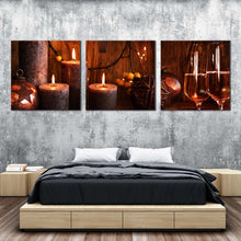 Load image into Gallery viewer, champagne  glasses  canvas  wall  art  champagne  and  brown  candles  3  piece  canvas  print  orange  champagne  in  christmas  multi  canvas  artwork In Bedroom
