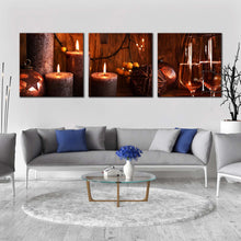 Load image into Gallery viewer, champagne  glasses  canvas  wall  art  champagne  and  brown  candles  3  piece  canvas  print  orange  champagne  in  christmas  multi  canvas  artwork For Living Room
