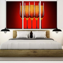 Load image into Gallery viewer, champagne glasses canvas wall art champagne celebration canvas set luxury orange red champagne glasses 3 piece canvas print In Bedroom
