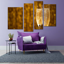 Load image into Gallery viewer, champagne glasses canvas wall art champagne night 4 piece canvas print yellow sparkling champagne canvas set In Living room
