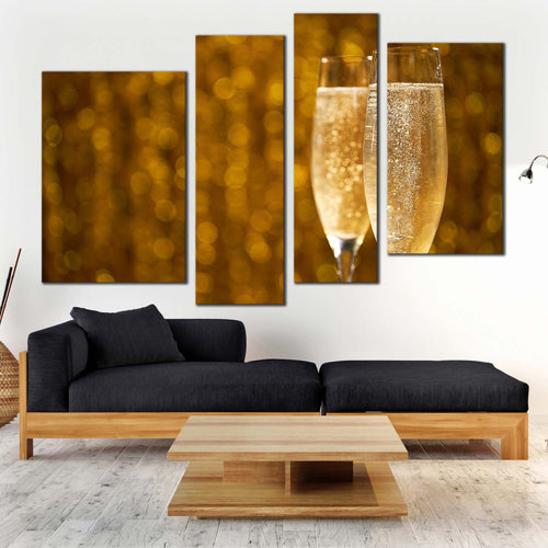 champagne glasses canvas wall art champagne night 4 piece canvas print yellow sparkling champagne canvas set For Living Room