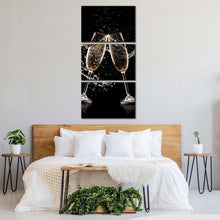 Load image into Gallery viewer, champagne  glasses  canvas  wall  art  champagne  party  3  piece  canvas  print  yellow  brown  champagne  glasses  multi  canvas  artwork In Bedroom
