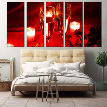 Load image into Gallery viewer, champagne glasses canvas wall art champagne valentines yellow candlelight canvas set romantic champagne red roses 5 piece canvas print For Bedroom
