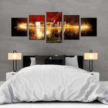 Load image into Gallery viewer, champagne glasses canvas wall art two champagne atmosphere 5 piece canvas red champagne bottle canvas print yellow champagne firework celebration multi canvas For Bedroom
