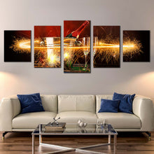 Load image into Gallery viewer, champagne glasses canvas wall art two champagne atmosphere 5 piece canvas red champagne bottle canvas print yellow champagne firework celebration multi canvas 3 In Living Room
