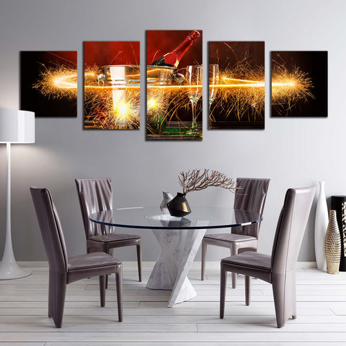 champagne glasses canvas wall art two champagne atmosphere 5 piece canvas red champagne bottle canvas print yellow champagne firework celebration multi canvas For Dining Room