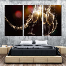 Load image into Gallery viewer, champagne glasses canvas wall art yellow champagne liquid burst multiple canvas red abstract champagne splash 3 piece canvas print For Bedroom
