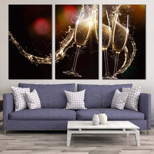 Load image into Gallery viewer, champagne glasses canvas wall art yellow champagne liquid burst multiple canvas red abstract champagne splash 3 piece canvas print In Living Room
