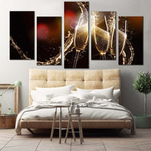 Load image into Gallery viewer, champagne liquid canvas wall art yellow champagne glasses celebration multi canvas artwork red champagne glasses with splash 5 piece canvas print  In Bedroom
