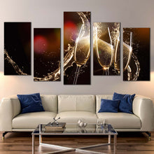 Load image into Gallery viewer, champagne liquid canvas wall art yellow champagne glasses celebration multi canvas artwork red champagne glasses with splash 5 piece canvas print In Your Living Room
