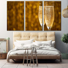 Load image into Gallery viewer, champagne night canvas wall art yellow sparkling champagne 3 piece multiple canvas champagne glasses triptych canvas print In Bedroom
