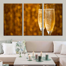 Load image into Gallery viewer, champagne night canvas wall art yellow sparkling champagne 3 piece multiple canvas champagne glasses triptych canvas print In Living room
