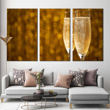 Load image into Gallery viewer, champagne night canvas wall art yellow sparkling champagne 3 piece multiple canvas champagne glasses triptych canvas print For Living Room
