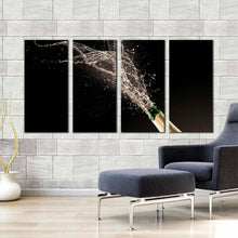 Load image into Gallery viewer, champagne opening canvas wall art bottle of champagne splash 4 piece canvas blue green champagne bottle canvas art print In Living room
