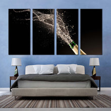 Load image into Gallery viewer, champagne opening canvas wall art bottle of champagne splash 4 piece canvas blue green champagne bottle canvas art print For Bedroom
