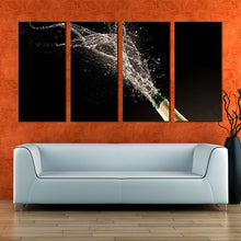 Load image into Gallery viewer, champagne opening canvas wall art bottle of champagne splash 4 piece canvas blue green champagne bottle canvas art print For Living Room
