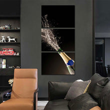 Load image into Gallery viewer, champagne  splash  canvas  print  champagne  exploding  3  piece  canvas  wall  art  green  blue  champagne  bottle  triptych  multi  canvas For Living Room
