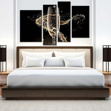 Load image into Gallery viewer, champagne splash canvas wall art black isolated champagne 4 piece canvas yellow champagne glass canvas print For Bedroom
