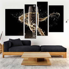 Load image into Gallery viewer, champagne splash canvas wall art black isolated champagne 4 piece canvas yellow champagne glass canvas print In Living Room
