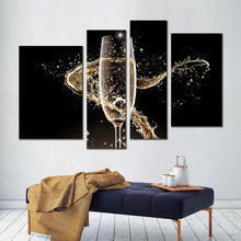 Load image into Gallery viewer, champagne splash canvas wall art black isolated champagne 4 piece canvas yellow champagne glass canvas print For Living room
