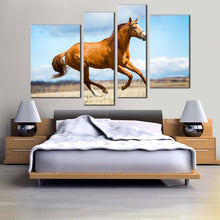 Load image into Gallery viewer, chestnut horse canvas wall art blue sky horse gallop 4 piece multiple canvas brown horse runs across field multiple canvas For Bedroom
