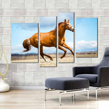 Load image into Gallery viewer, chestnut horse canvas wall art blue sky horse gallop 4 piece multiple canvas brown horse runs across field multiple canvas In Living Room
