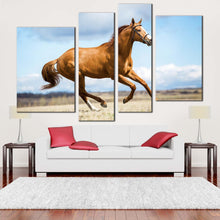 Load image into Gallery viewer, chestnut horse canvas wall art blue sky horse gallop 4 piece multiple canvas brown horse runs across field multiple canvas For Living room
