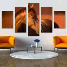 Load image into Gallery viewer, chestnut horse canvas wall art brown gelding horse 5 piece multi canvas artwork elegant horse in orange field canvas print For Living room
