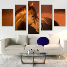 Load image into Gallery viewer, chestnut horse canvas wall art brown gelding horse 5 piece multi canvas artwork elegant horse in orange field canvas print In Living room
