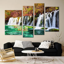 Load image into Gallery viewer, china waterfall canvas wall art fall woods waterfall 4 piece canvas colorful azure lake jiuzhaigou nature waterfall canvas print In Living Room
