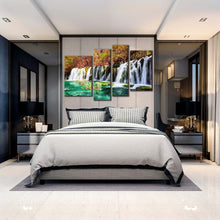 Load image into Gallery viewer, china waterfall canvas wall art fall woods waterfall 4 piece canvas colorful azure lake jiuzhaigou nature waterfall canvas print For Bedroom
