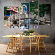 Load image into Gallery viewer, china waterfall canvas wall art green shandong nature 4 piece canvas print qingdao scenery brown wooden bridge canvas set For Dining Room
