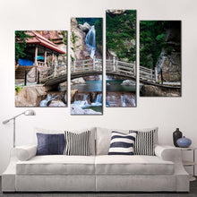 Load image into Gallery viewer, china waterfall canvas wall art green shandong nature 4 piece canvas print qingdao scenery brown wooden bridge canvas set For Living room
