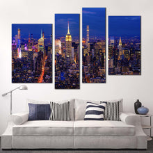 Load image into Gallery viewer, city lights canvas wall art blue sky empire state building 4 piece canvas set yellow midtown manhattan canvas print For LIving room
