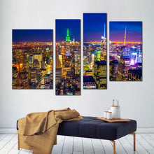 Load image into Gallery viewer, city skyline canvas print yellow new york city multi canvas blue sky manhattan 4 piece canvas wall art In Living Room
