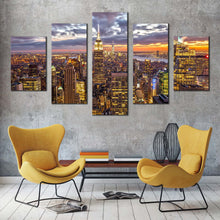 Load image into Gallery viewer, city skyline canvas wall art beautiful yellow new york city 5 piece canvas print dramatic cloudy grey sky cityscape multi canvas artwork In Living Room
