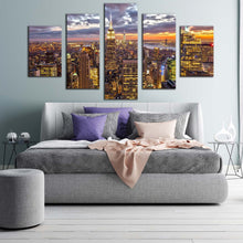 Load image into Gallery viewer, city skyline canvas wall art beautiful yellow new york city 5 piece canvas print dramatic cloudy grey sky cityscape multi canvas artwork For Bedroom
