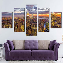 Load image into Gallery viewer, city skyline canvas wall art beautiful yellow new york city 5 piece canvas print dramatic cloudy grey sky cityscape multi canvas artwork For Living room
