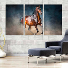 Load image into Gallery viewer, classic horse canvas wall art chestnut horse 3 piece canvas print black brown horse running forward triptych canvas set In Living Room
