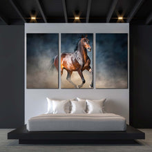 Load image into Gallery viewer, classic horse canvas wall art chestnut horse 3 piece canvas print black brown horse running forward triptych canvas set For Bedroom
