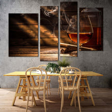 Load image into Gallery viewer, classic whiskey canvas wall art whiskey brown cigar 4 piece canvas orange glass of whiskey canvas print For Dining Room
