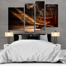 Load image into Gallery viewer, classic whiskey canvas wall art whiskey brown cigar 4 piece canvas orange glass of whiskey canvas print In Bedroom
