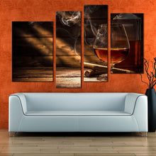 Load image into Gallery viewer, classic whiskey canvas wall art whiskey brown cigar 4 piece canvas orange glass of whiskey canvas print For Bedroom
