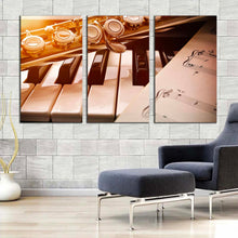 Load image into Gallery viewer, classical music canvas print piano and golden flute 3 piece canvas wall art white piano music sheet triptych canvas set In Living Room
