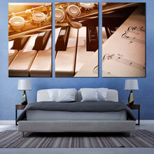 Load image into Gallery viewer, classical music canvas print piano and golden flute 3 piece canvas wall art white piano music sheet triptych canvas set For Bedroom
