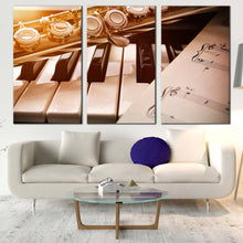 Load image into Gallery viewer, classical music canvas print piano and golden flute 3 piece canvas wall art white piano music sheet triptych canvas set For Living Room
